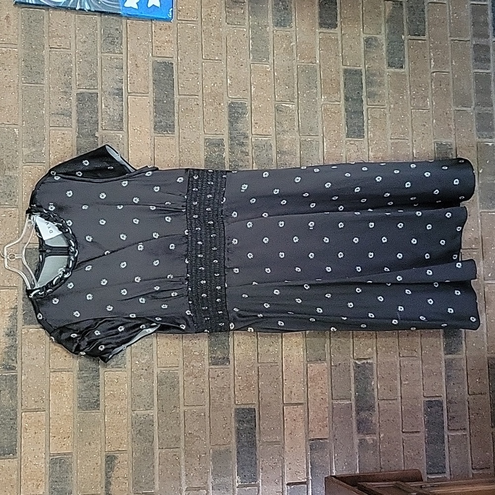 Dyvna black floral dots silk dress, smocked waist, size 18